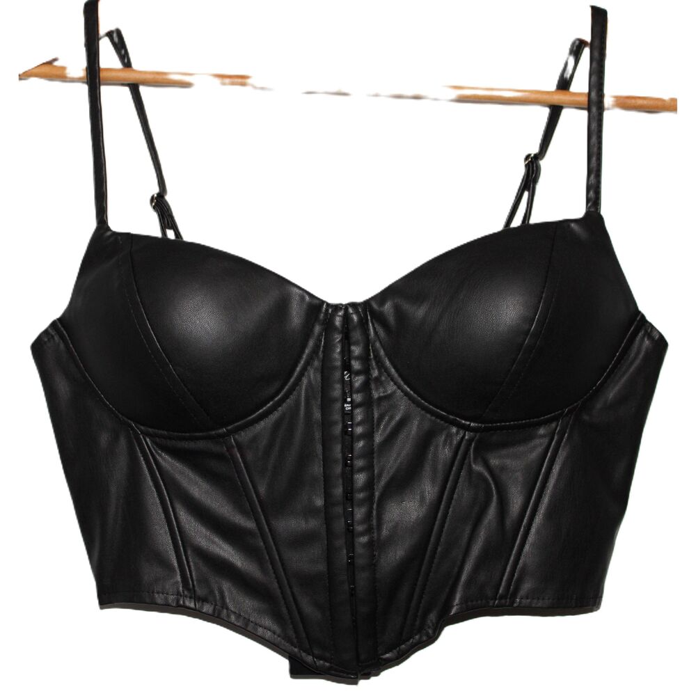 NWT Womens Say What Black Faux Leather Adjustable Straps Bustier Crop Top Size M